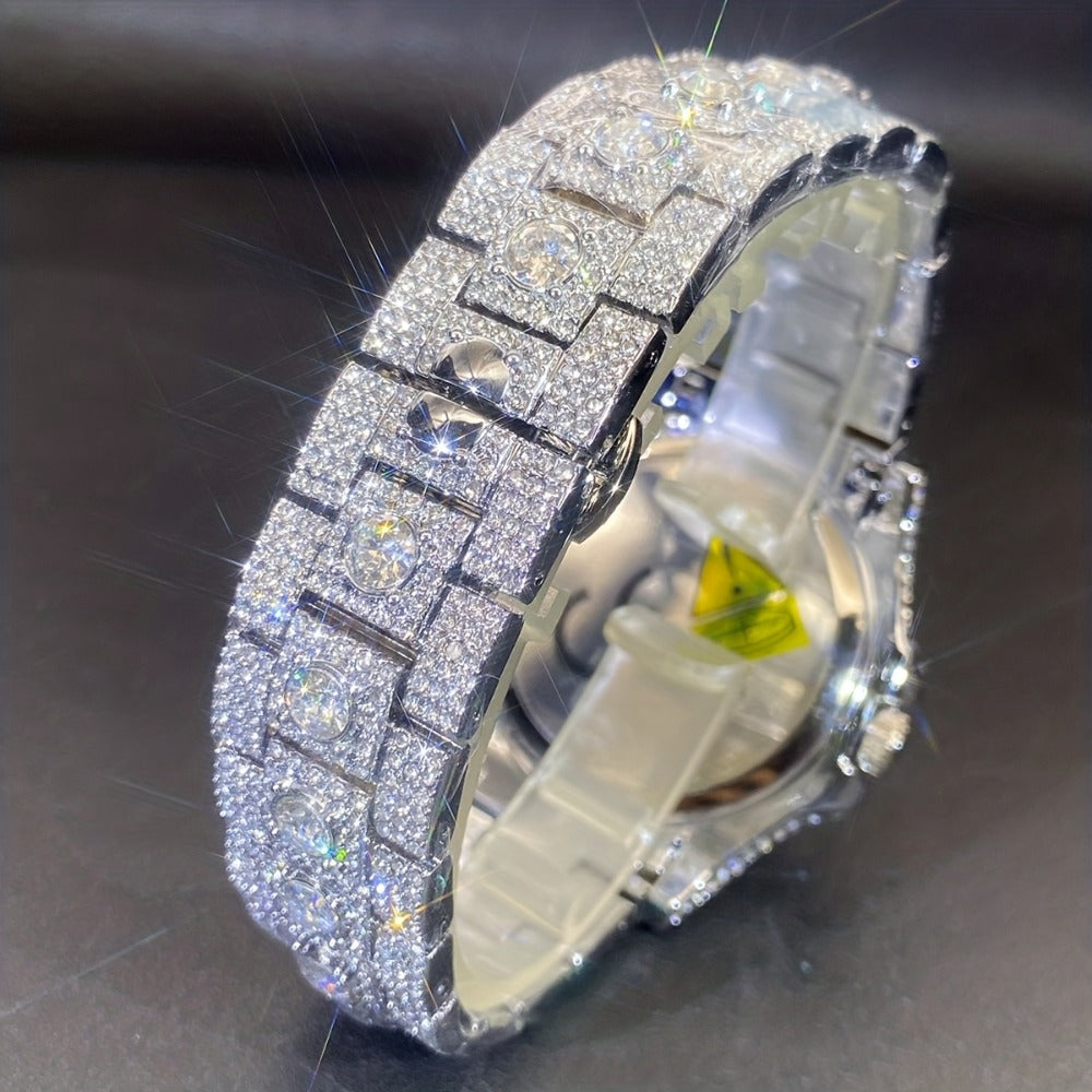 Men's Quartz Watch - 's Rhinestone Calendar Hip Hop Iced Out Business Luxury Couple Silver Gold - product detail view 11