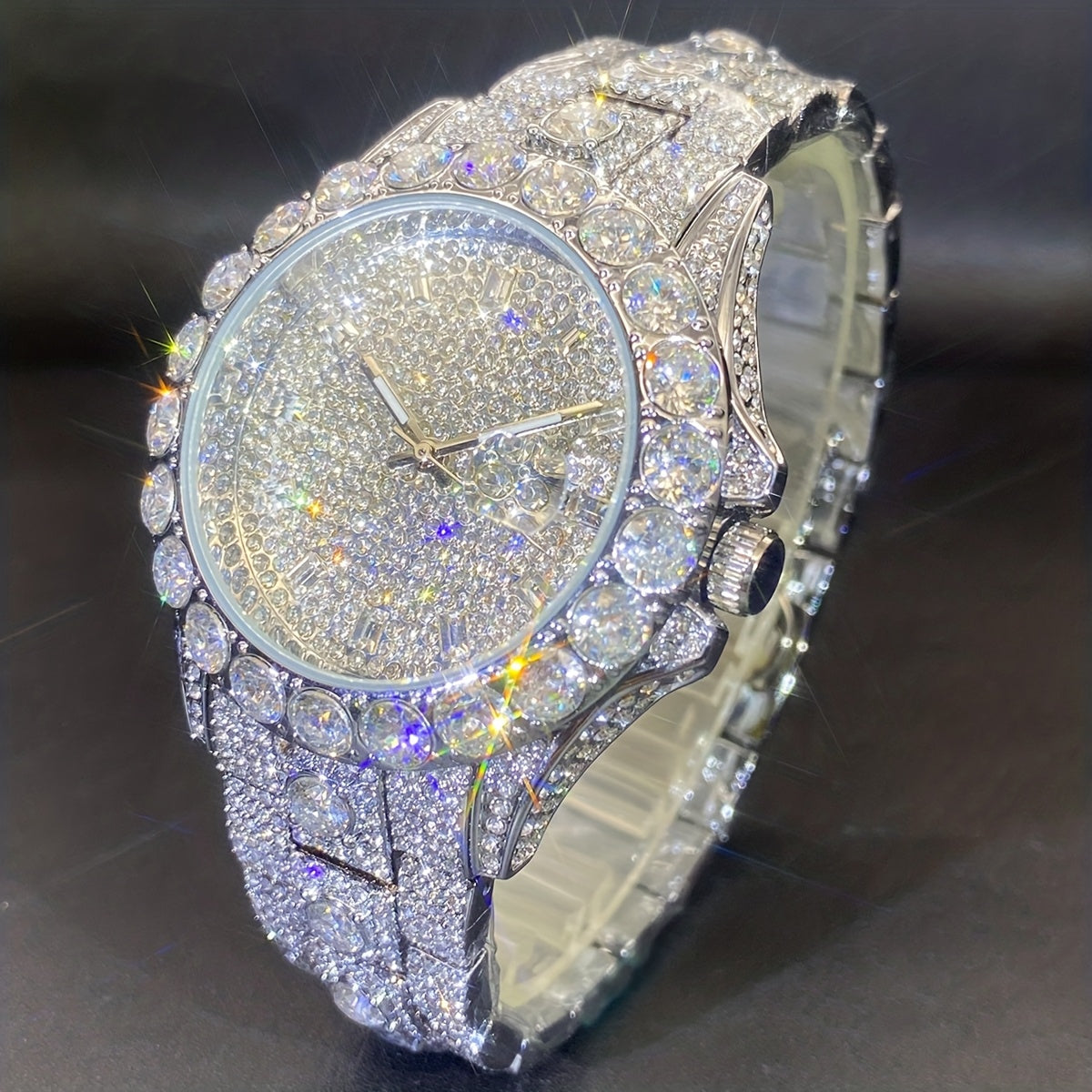 Men's Quartz Watch - 's Rhinestone Calendar Hip Hop Iced Out Business Luxury Couple Silver Gold - product detail view 12