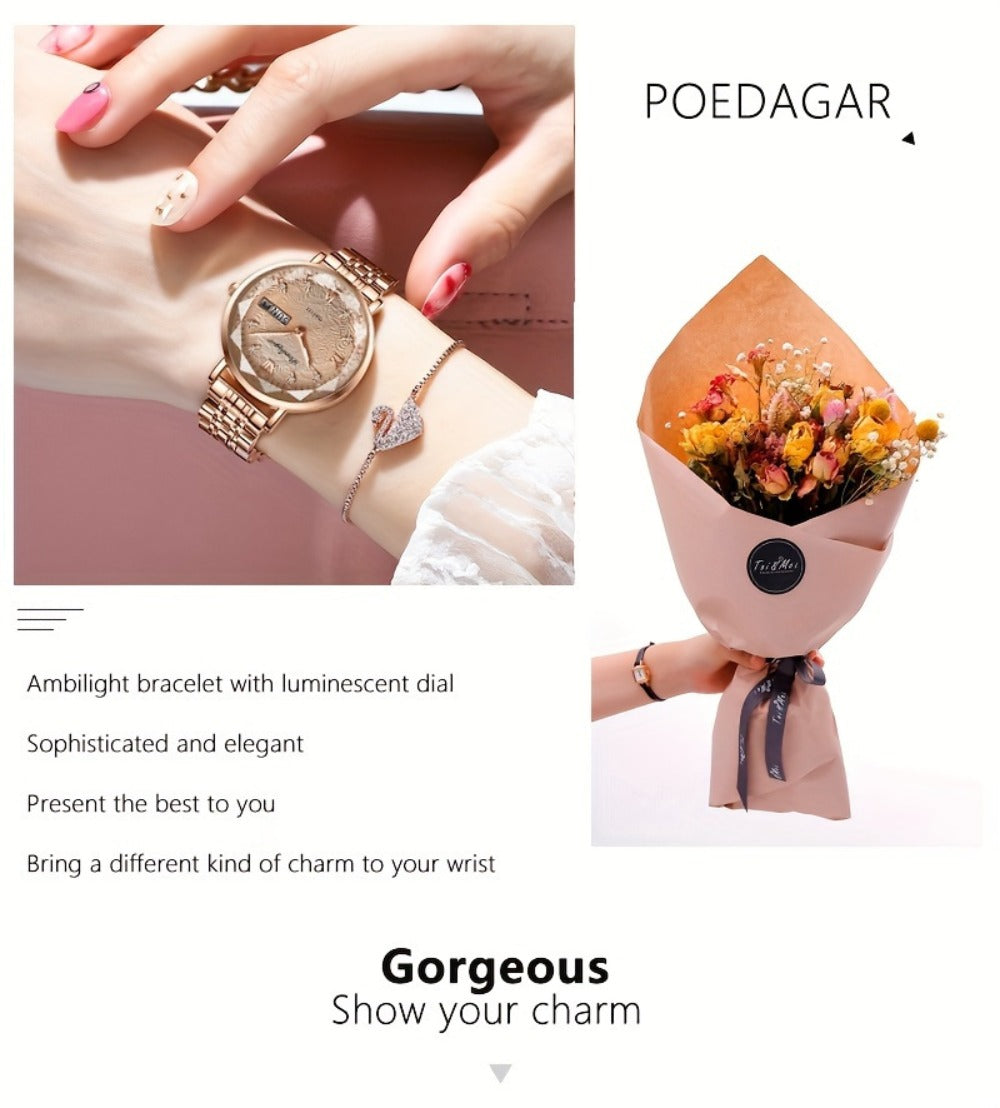 Women's Quartz Watch - 's Rhinestone POEDAGAR Rose Gold Luxury Dress with Luminous Dial - product detail view 15