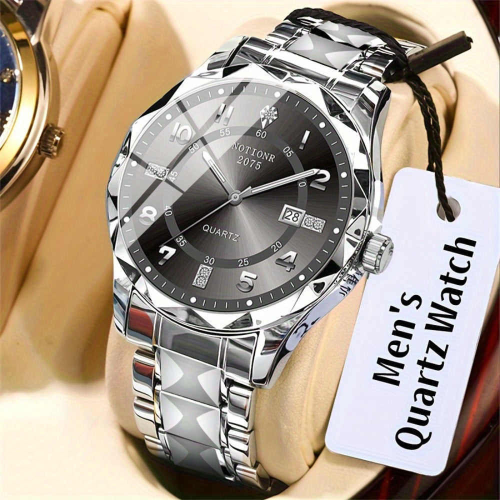 Men's Quartz Watch - 's Roman Numeral Rhinestone Stainless Steel Strap Date Display Minimalist - product detail view 5