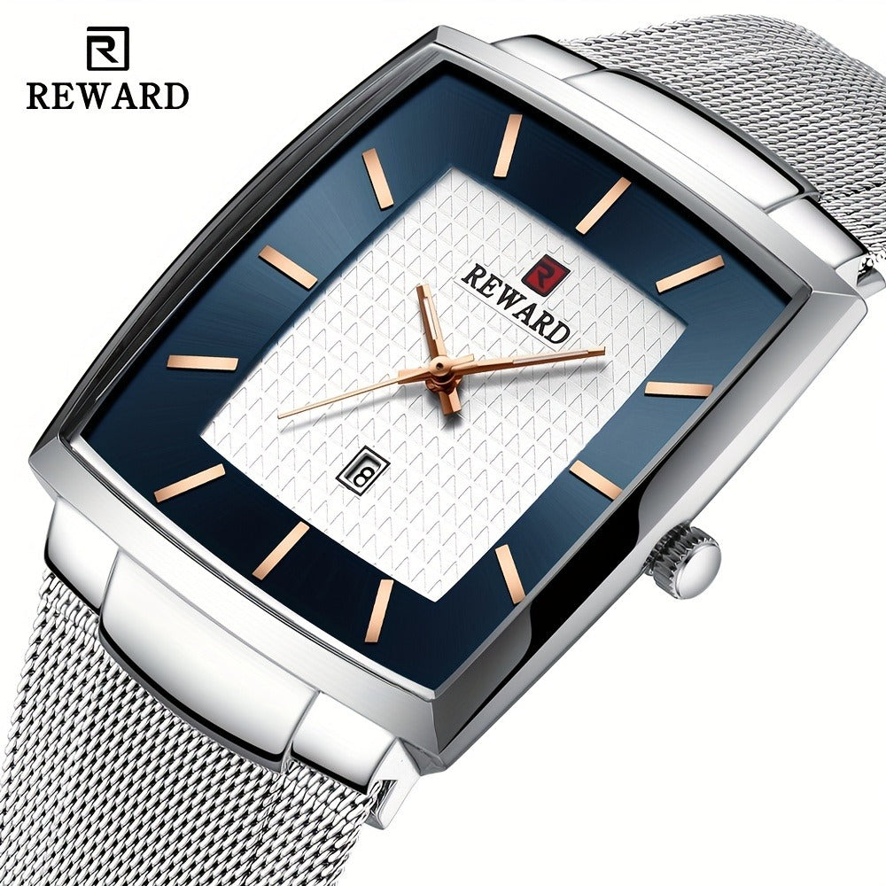 Men's Quartz Watch - 's Square Blue Dial Luxury Stainless Steel Strap, Luminous Hands, Date - main product view
