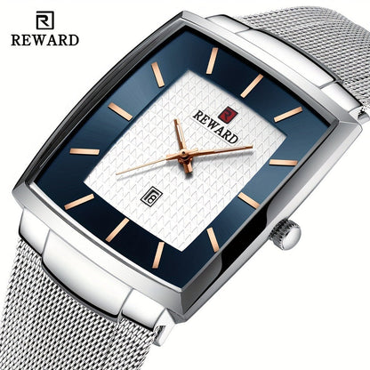 Men's Quartz Watch - 's Square Blue Dial Luxury Stainless Steel Strap, Luminous Hands, Date - main product view