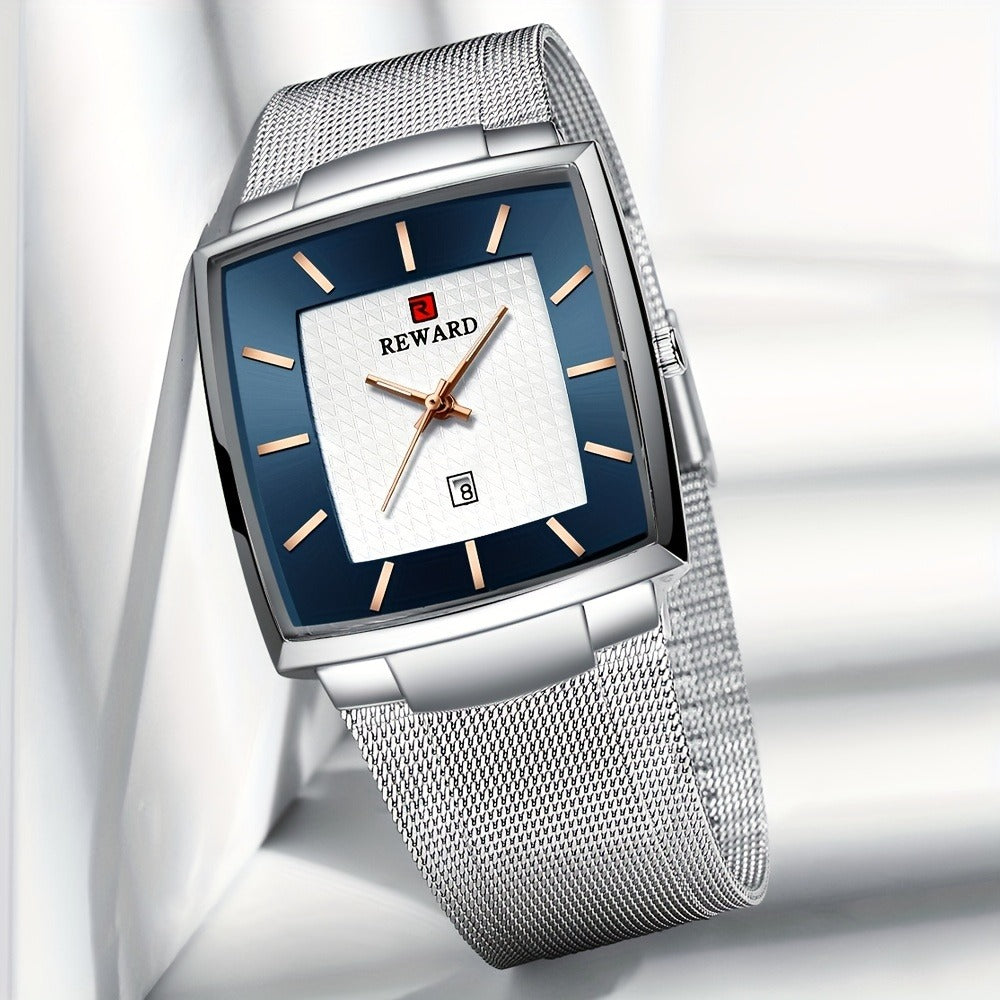 Men's Quartz Watch - 's Square Blue Dial Luxury Stainless Steel Strap, Luminous Hands, Date - product detail view 2