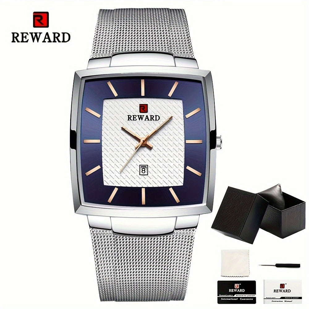 Men's Quartz Watch - 's Square Blue Dial Luxury Stainless Steel Strap, Luminous Hands, Date - product detail view 3
