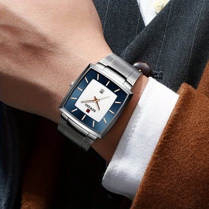 Men's Quartz Watch - 's Square Blue Dial Luxury Stainless Steel Strap, Luminous Hands, Date - product detail view 4