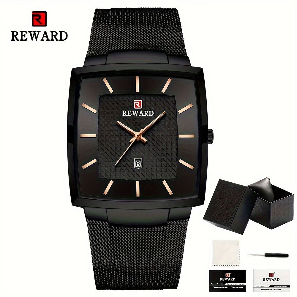 Men's Quartz Watch - 's Square Blue Dial Luxury Stainless Steel Strap, Luminous Hands, Date - product detail view 5