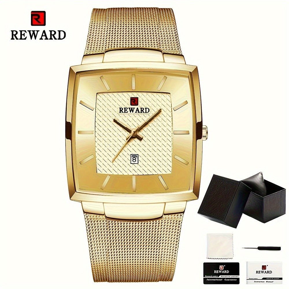 Men's Quartz Watch - 's Square Blue Dial Luxury Stainless Steel Strap, Luminous Hands, Date - product detail view 7