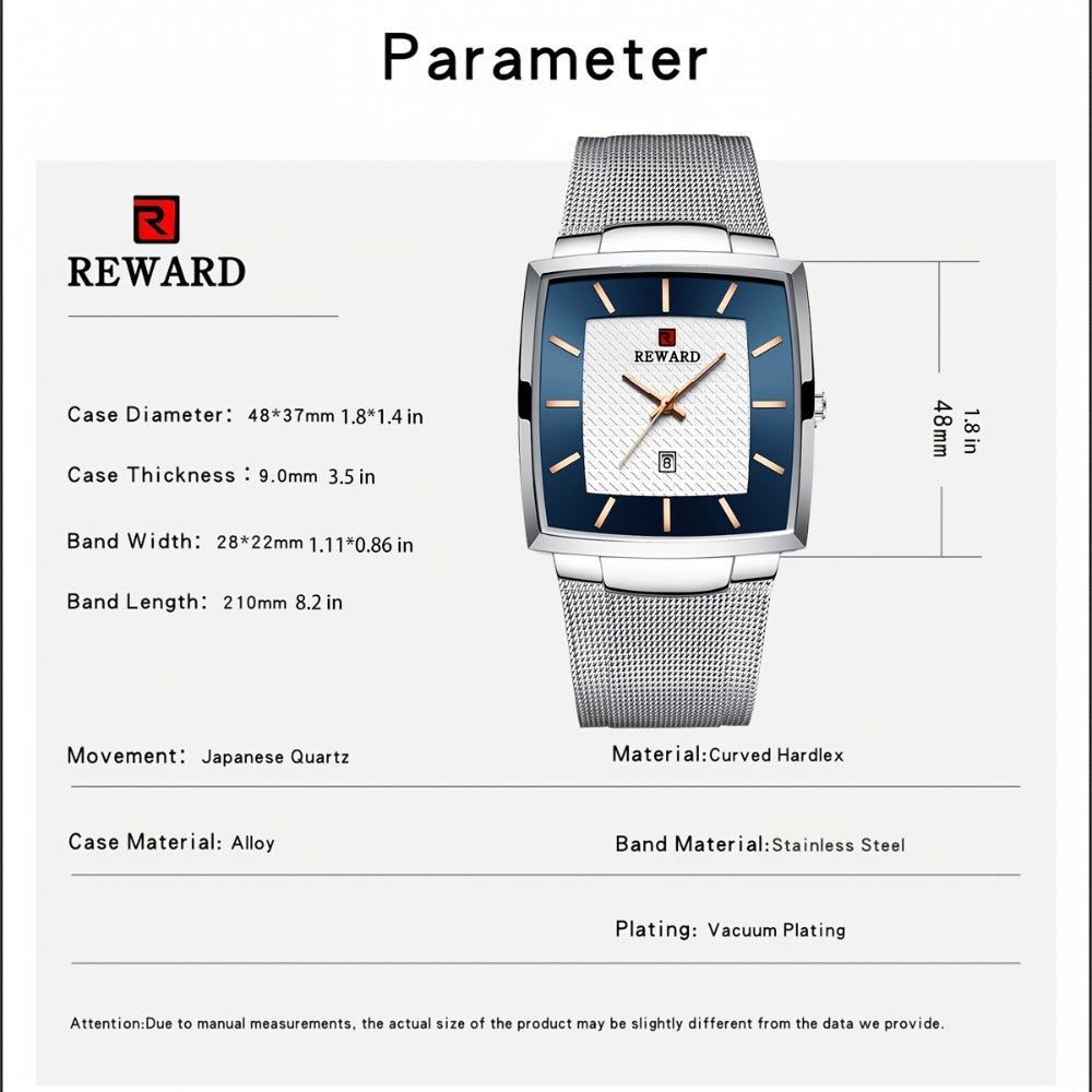 Men's Quartz Watch - 's Square Blue Dial Luxury Stainless Steel Strap, Luminous Hands, Date - product detail view 8