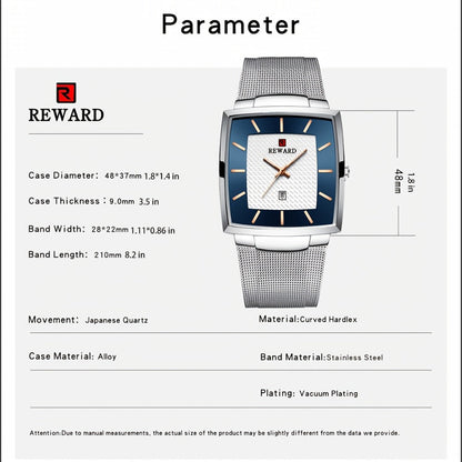 Men's Quartz Watch - 's Square Blue Dial Luxury Stainless Steel Strap, Luminous Hands, Date - product detail view 8