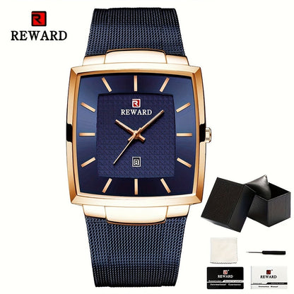Men's Quartz Watch - 's Square Blue Dial Luxury Stainless Steel Strap, Luminous Hands, Date - product detail view 9