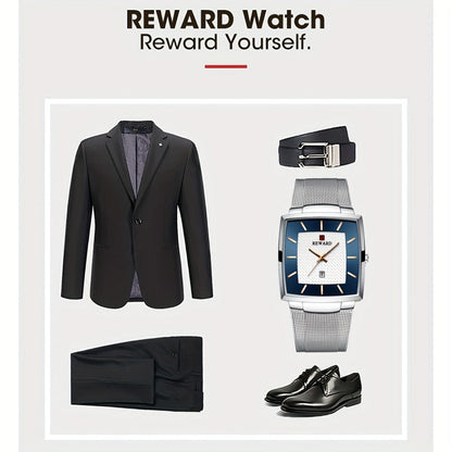 Men's Quartz Watch - 's Square Blue Dial Luxury Stainless Steel Strap, Luminous Hands, Date - product detail view 10