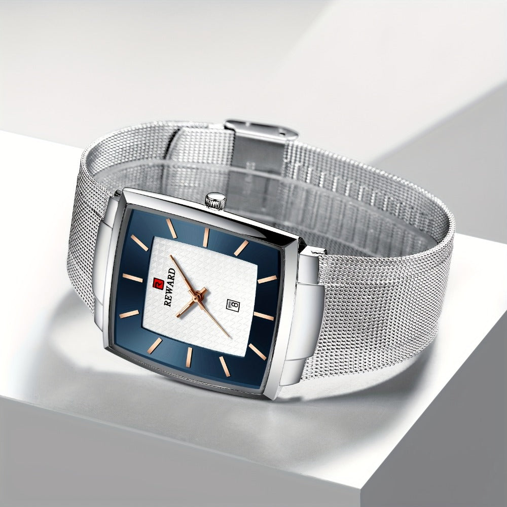 Men's Quartz Watch - 's Square Blue Dial Luxury Stainless Steel Strap, Luminous Hands, Date - product detail view 12