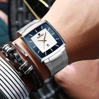 Men's Quartz Watch - 's Square Blue Dial Luxury Stainless Steel Strap, Luminous Hands, Date - product detail view 13