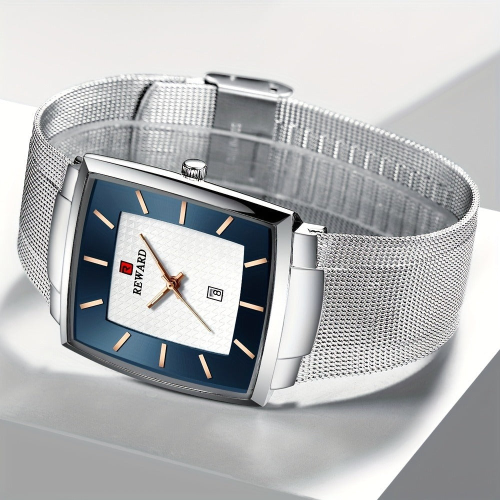 Men's Quartz Watch - 's Square Blue Dial Luxury Stainless Steel Strap, Luminous Hands, Date - product detail view 14