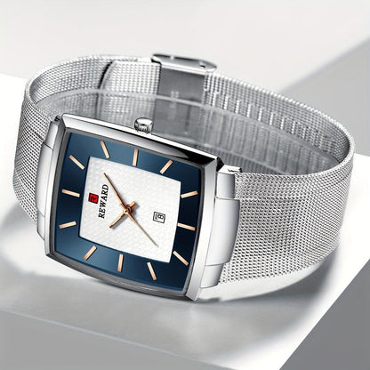 Men's Quartz Watch - 's Square Blue Dial Luxury Stainless Steel Strap, Luminous Hands, Date - product detail view 14