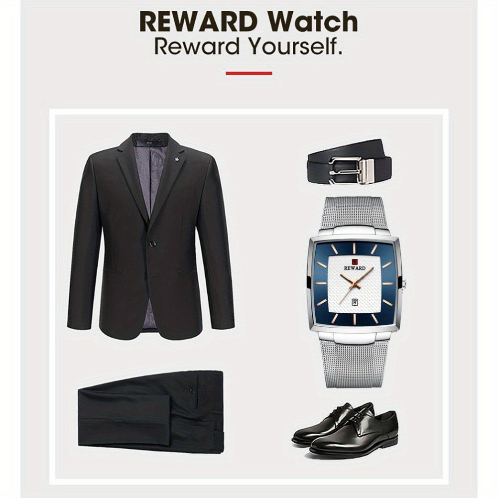 Men's Quartz Watch - 's Square Blue Dial Luxury Stainless Steel Strap, Luminous Hands, Date - product detail view 16
