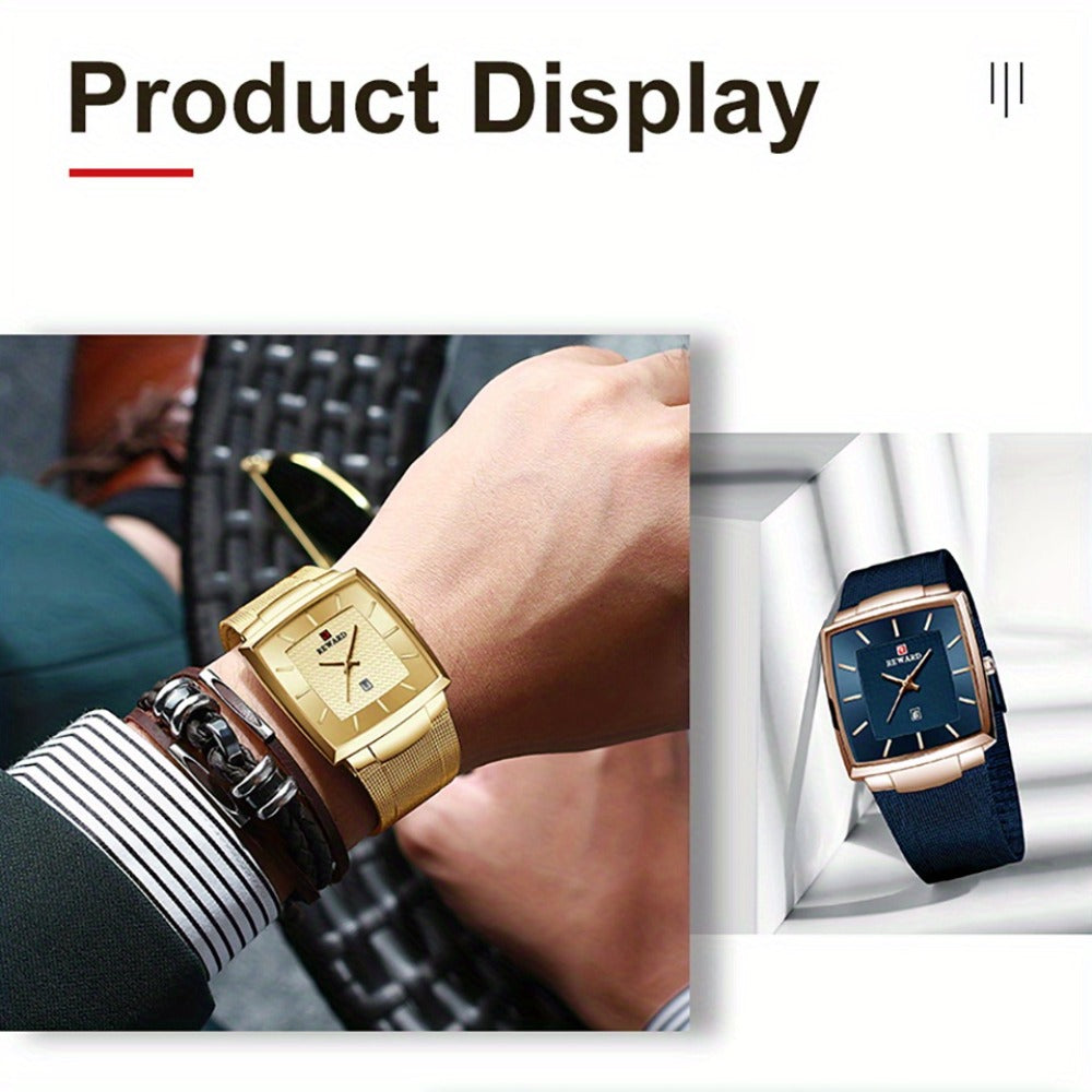 Men's Quartz Watch - 's Square Blue Dial Luxury Stainless Steel Strap, Luminous Hands, Date - product detail view 17