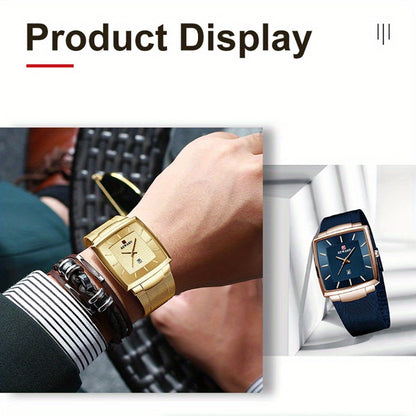 Men's Quartz Watch - 's Square Blue Dial Luxury Stainless Steel Strap, Luminous Hands, Date - product detail view 17