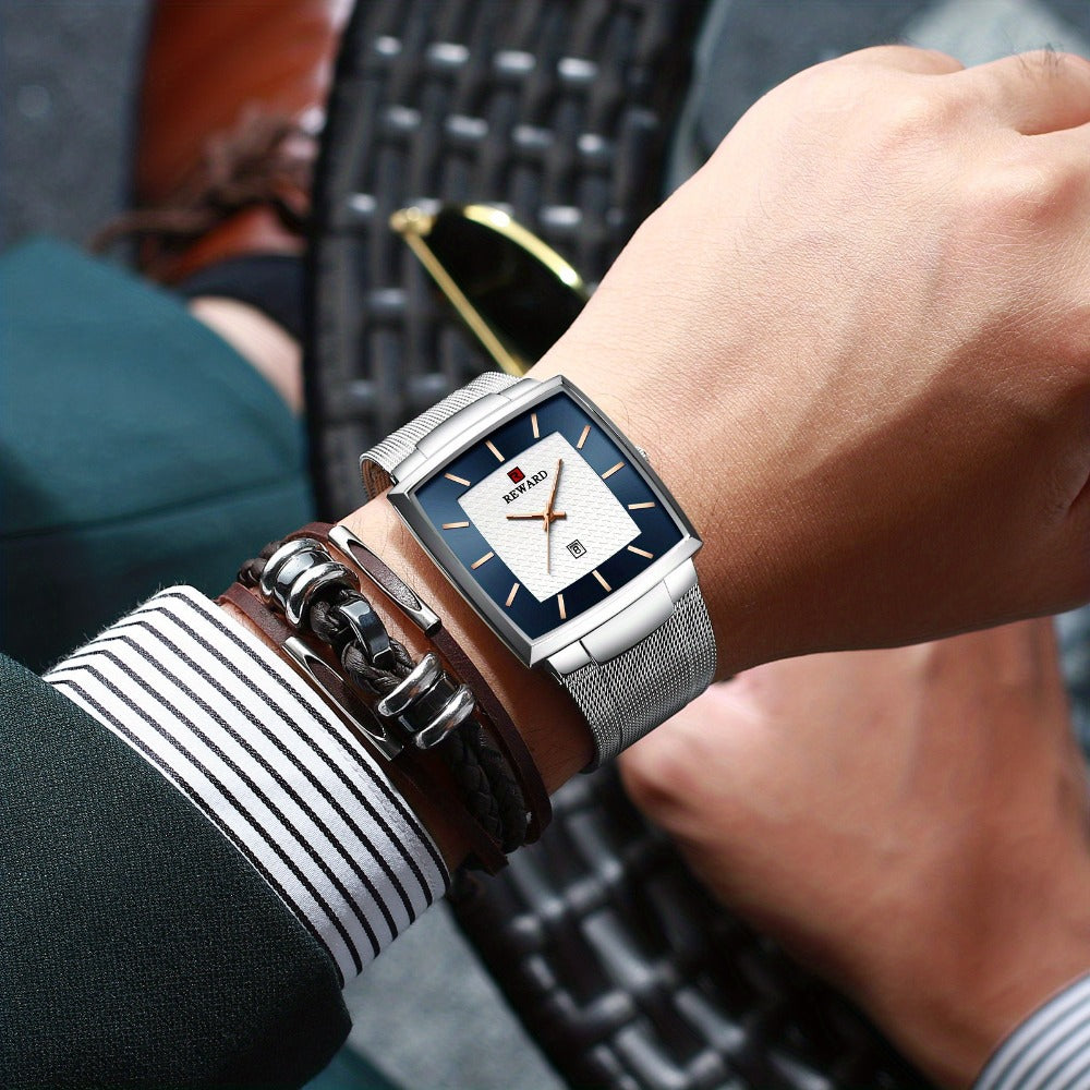 Men's Quartz Watch - 's Square Blue Dial Luxury Stainless Steel Strap, Luminous Hands, Date - product detail view 18