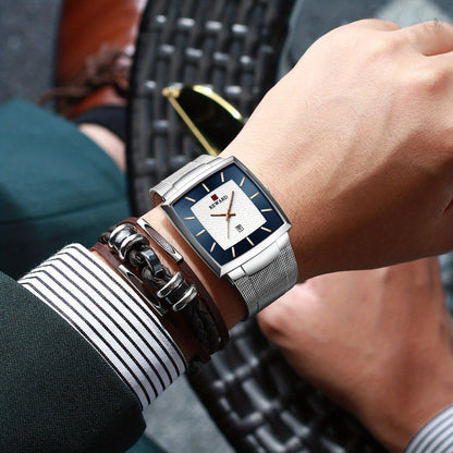 Men's Quartz Watch - 's Square Blue Dial Luxury Stainless Steel Strap, Luminous Hands, Date - product detail view 18