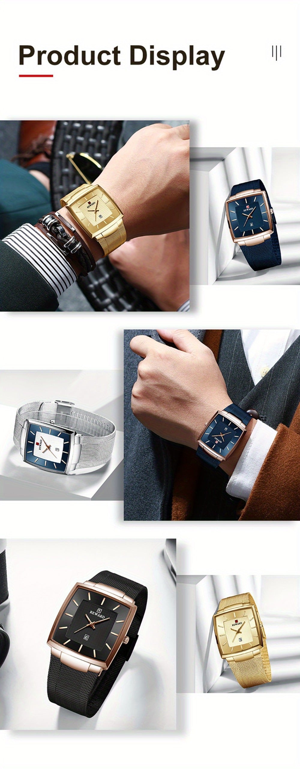 Men's Quartz Watch - 's Square Blue Dial Luxury Stainless Steel Strap, Luminous Hands, Date - product detail view 19