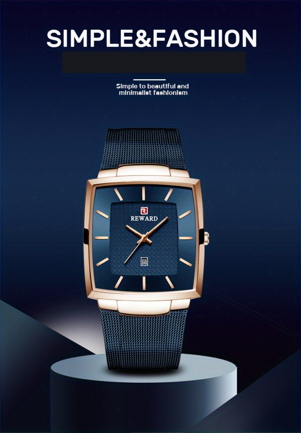 Men's Quartz Watch - 's Square Blue Dial Luxury Stainless Steel Strap, Luminous Hands, Date - product detail view 20