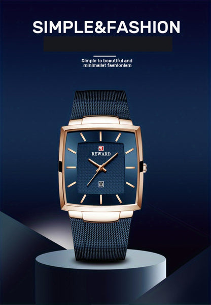 Men's Quartz Watch - 's Square Blue Dial Luxury Stainless Steel Strap, Luminous Hands, Date - product detail view 20