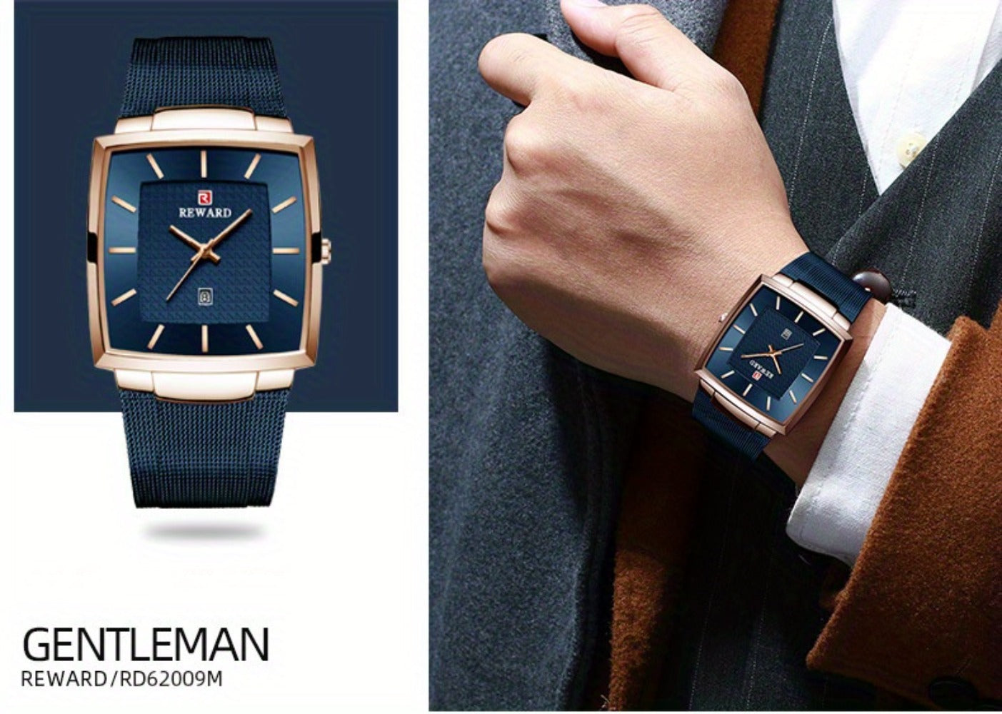 Men's Quartz Watch - 's Square Blue Dial Luxury Stainless Steel Strap, Luminous Hands, Date - product detail view 22