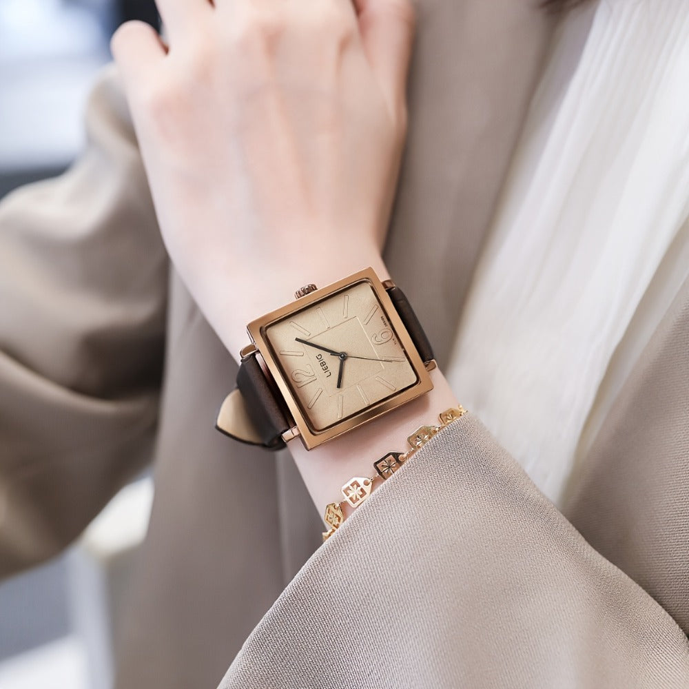Women's Quartz Watch - 's Square Dial Elegant Classic Analog Wristwatch LIEBIG Coffee Golden - product detail view 2