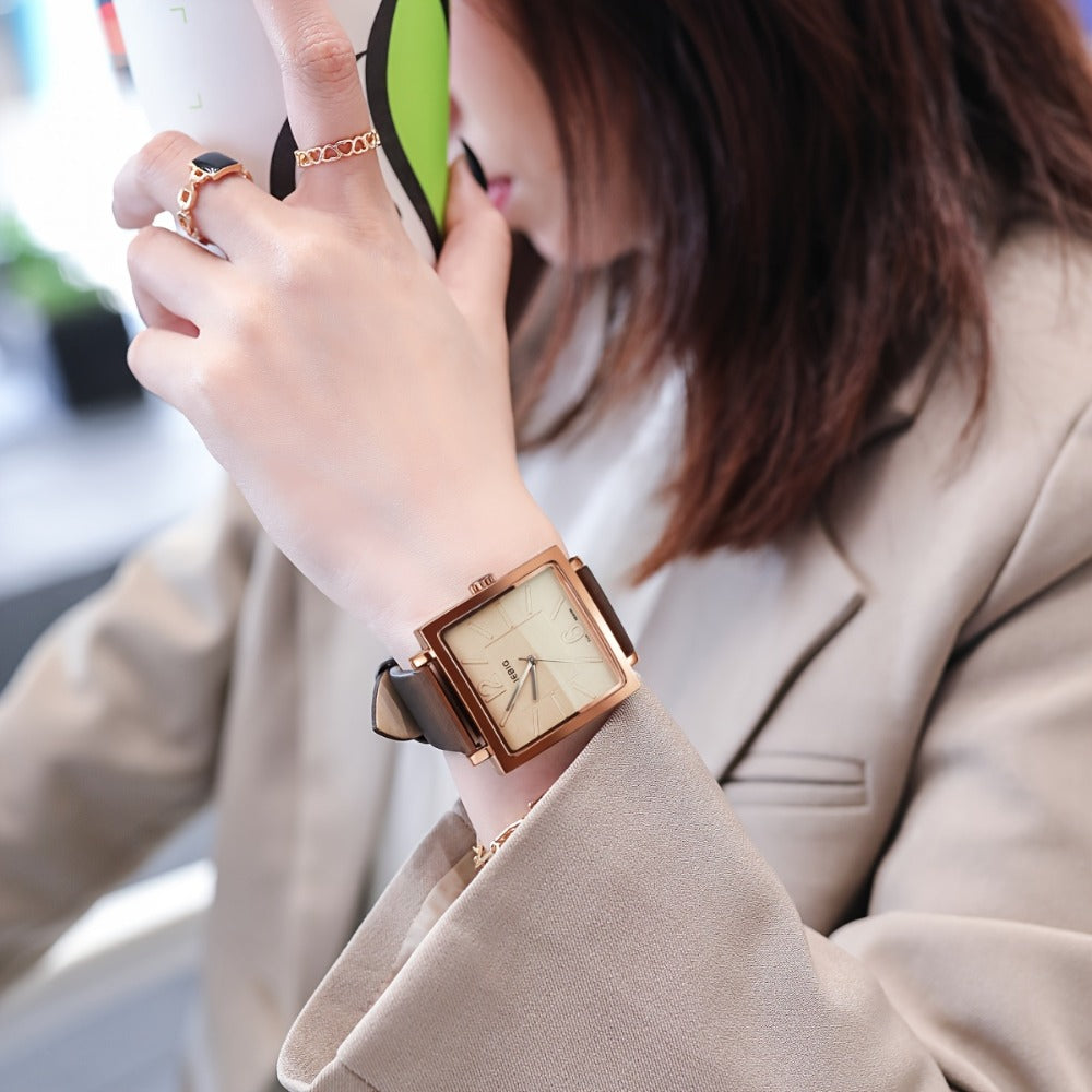 Women's Quartz Watch - 's Square Dial Elegant Classic Analog Wristwatch LIEBIG Coffee Golden - product detail view 4