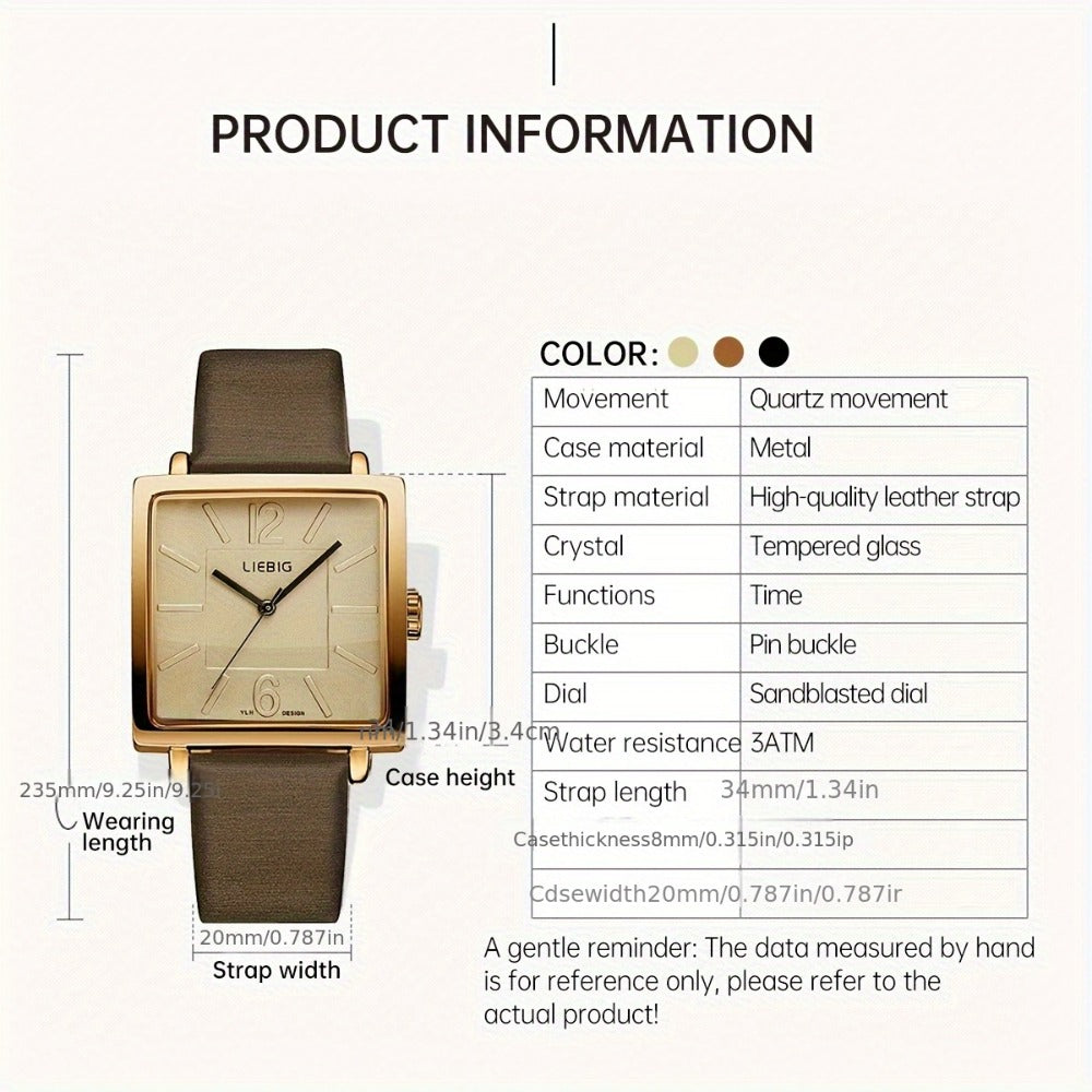 Women's Quartz Watch - 's Square Dial Elegant Classic Analog Wristwatch LIEBIG Coffee Golden - product detail view 5