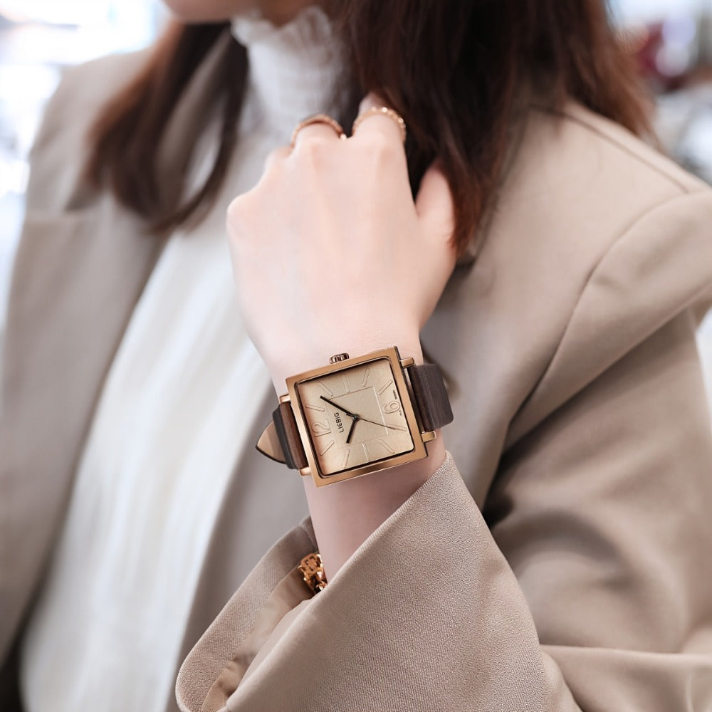 Women's Quartz Watch - 's Square Dial Elegant Classic Analog Wristwatch LIEBIG Coffee Golden - product detail view 6