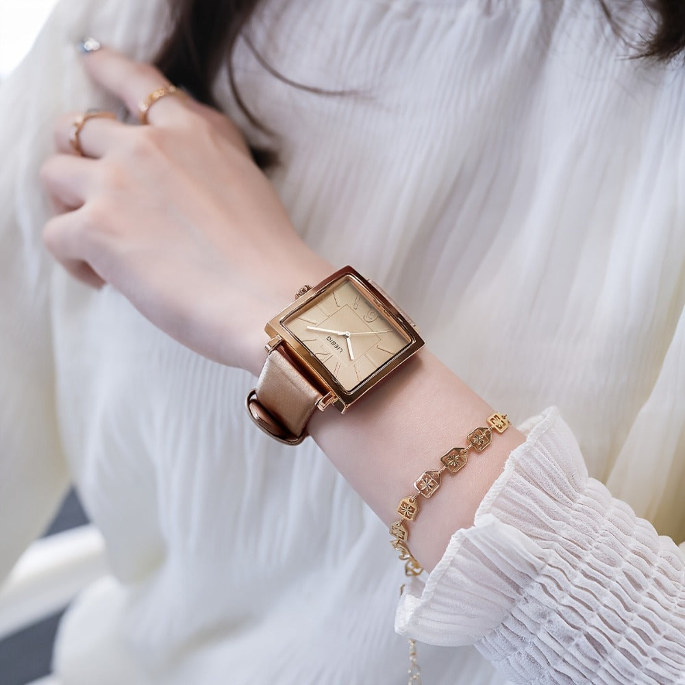 Women's Quartz Watch - 's Square Dial Elegant Classic Analog Wristwatch LIEBIG Coffee Golden - product detail view 7