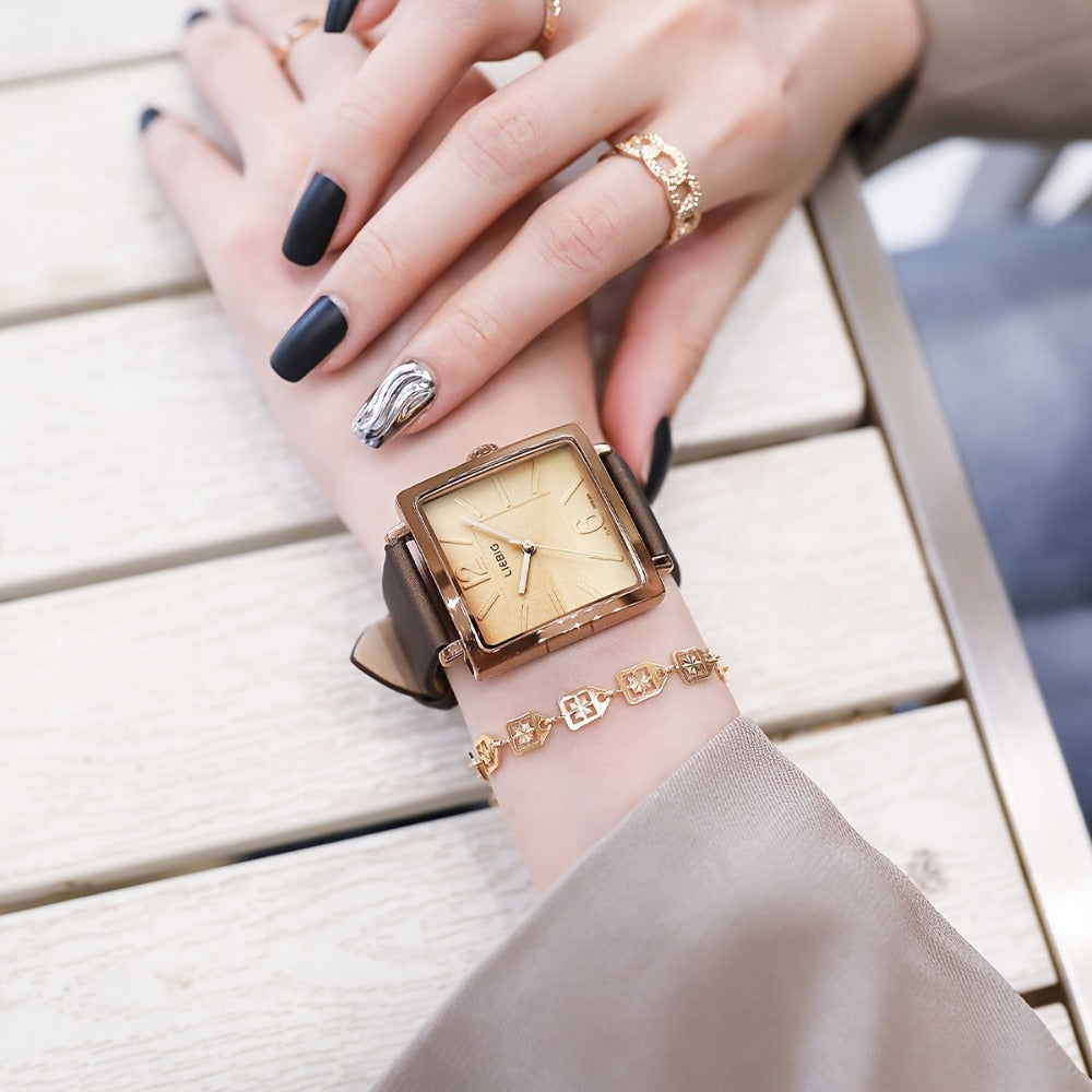 Women's Quartz Watch - 's Square Dial Elegant Classic Analog Wristwatch LIEBIG Coffee Golden - product detail view 8