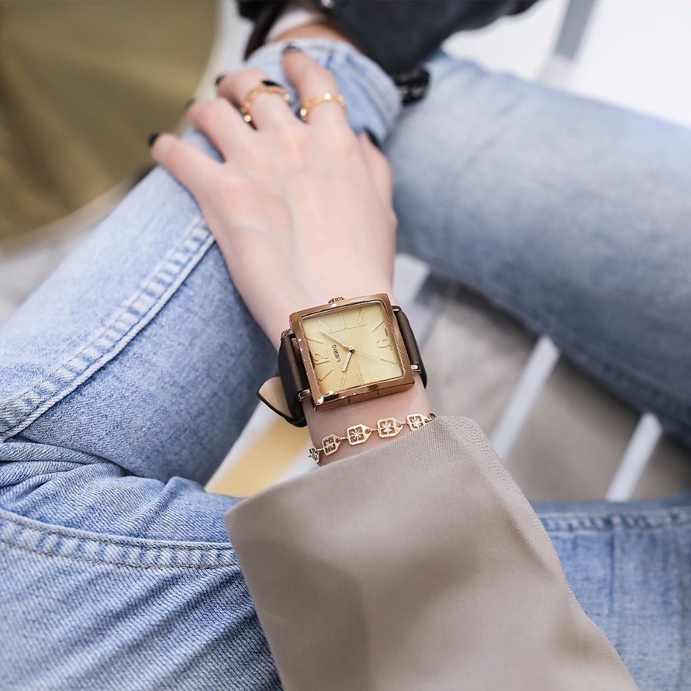 Women's Quartz Watch - 's Square Dial Elegant Classic Analog Wristwatch LIEBIG Coffee Golden - product detail view 9