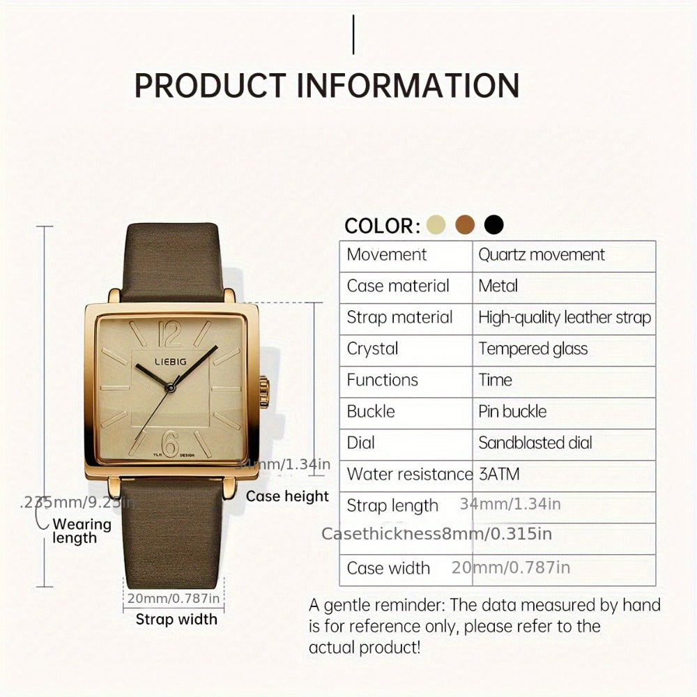 Women's Quartz Watch - 's Square Dial Elegant Classic Analog Wristwatch LIEBIG Coffee Golden - product detail view 12