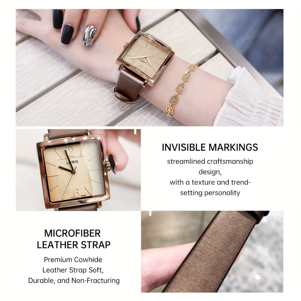 Women's Quartz Watch - 's Square Dial Elegant Classic Analog Wristwatch LIEBIG Coffee Golden - product detail view 14