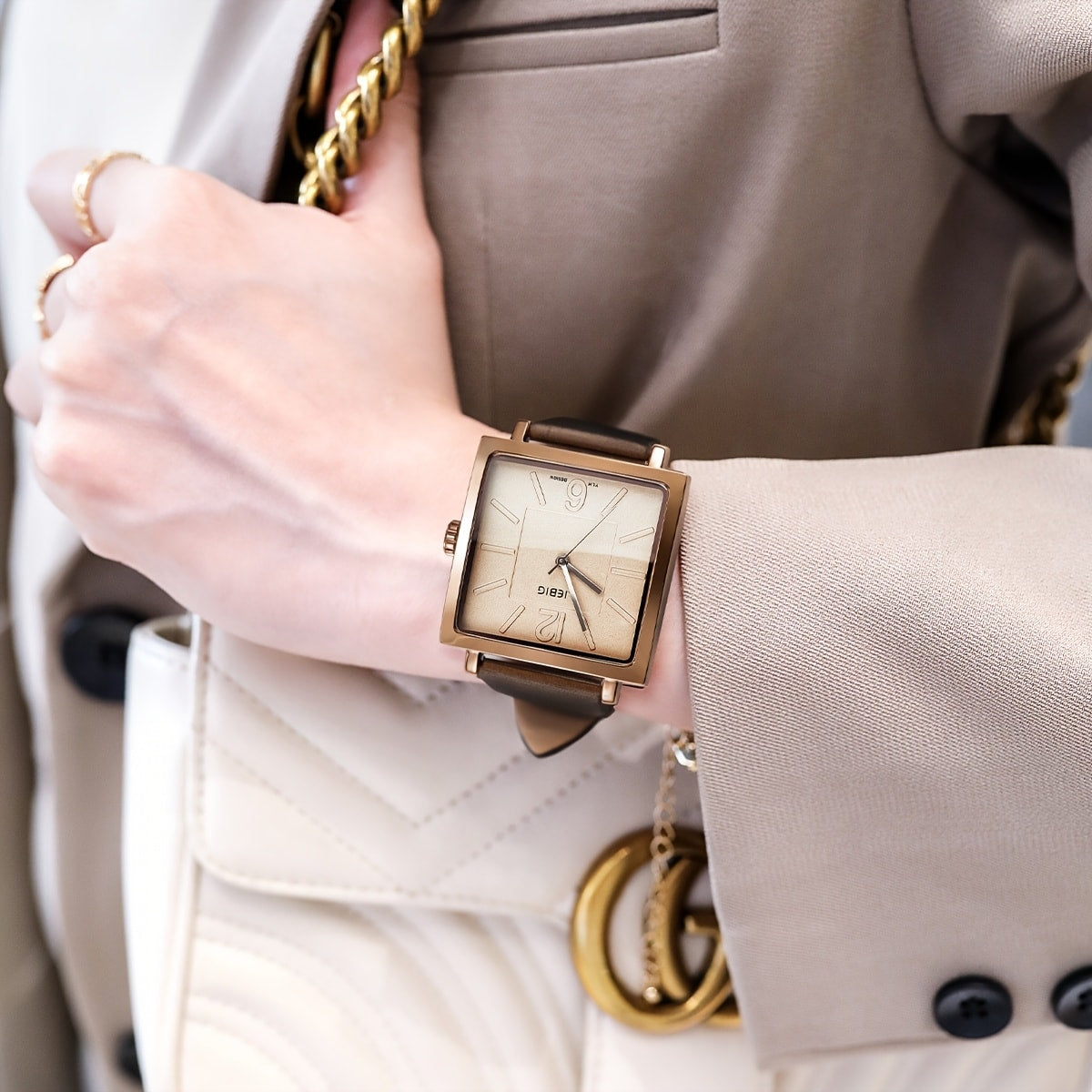 Women's Quartz Watch - 's Square Dial Elegant Classic Analog Wristwatch LIEBIG Coffee Golden - product detail view 15