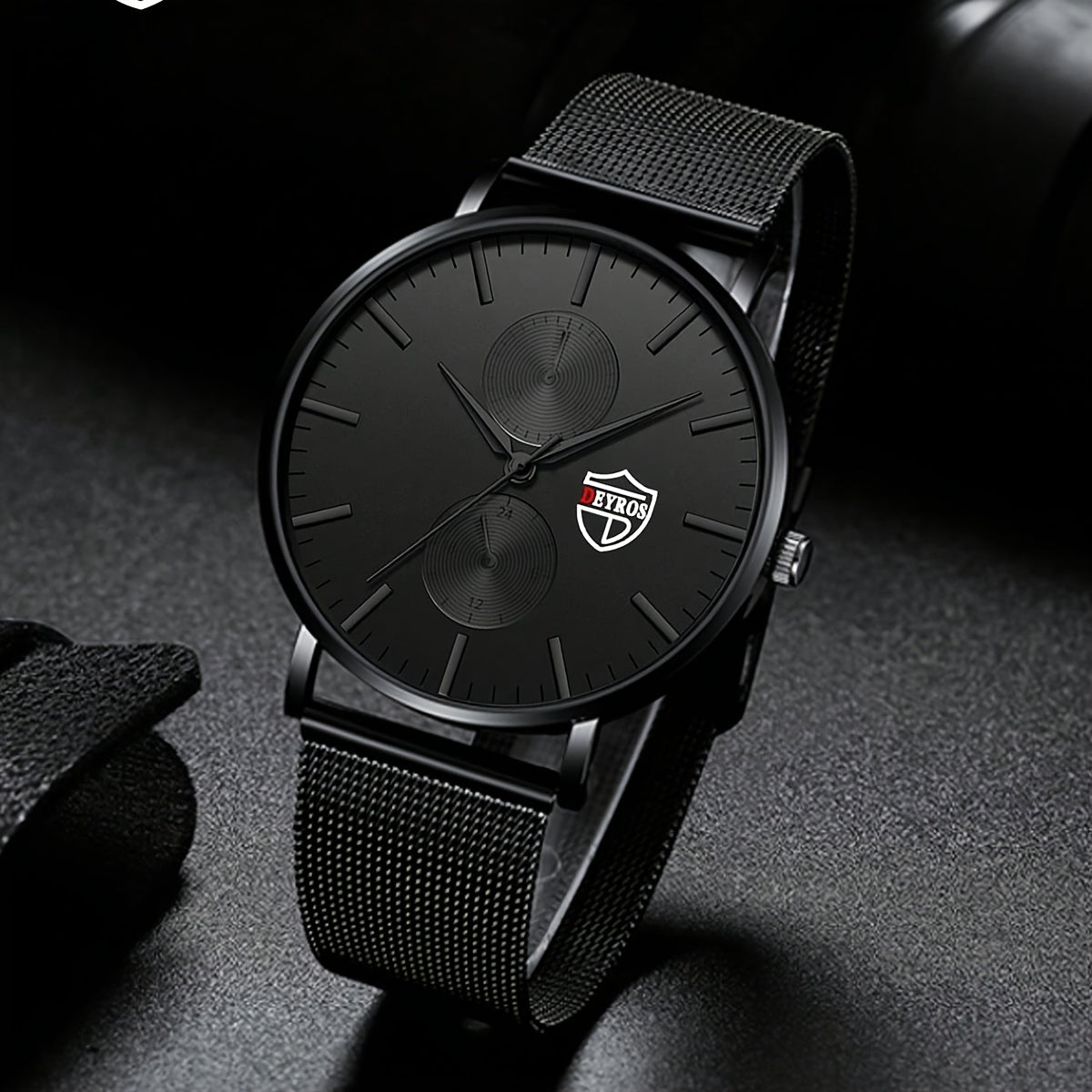 Men's Quartz Watch - 's with Stainless Steel Mesh Band | Chronograph, Date & Day Display - product detail view 12