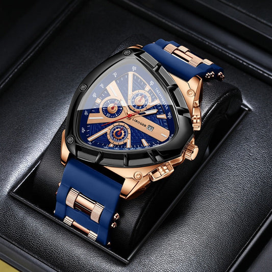 Men's Quartz Watch - 's Triangular Dial Unique Luxury Design, Silicone & Steel Band, Date - main product view