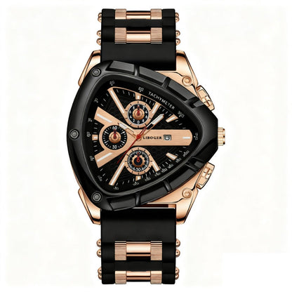 Men's Quartz Watch - 's Triangular Dial Unique Luxury Design, Silicone & Steel Band, Date - product detail view 5