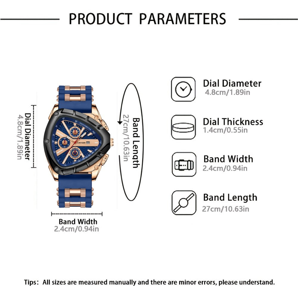 Men's Quartz Watch - 's Triangular Dial Unique Luxury Design, Silicone & Steel Band, Date - product detail view 6
