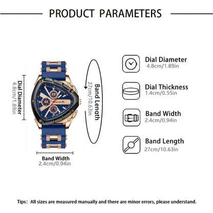 Men's Quartz Watch - 's Triangular Dial Unique Luxury Design, Silicone & Steel Band, Date - product detail view 6