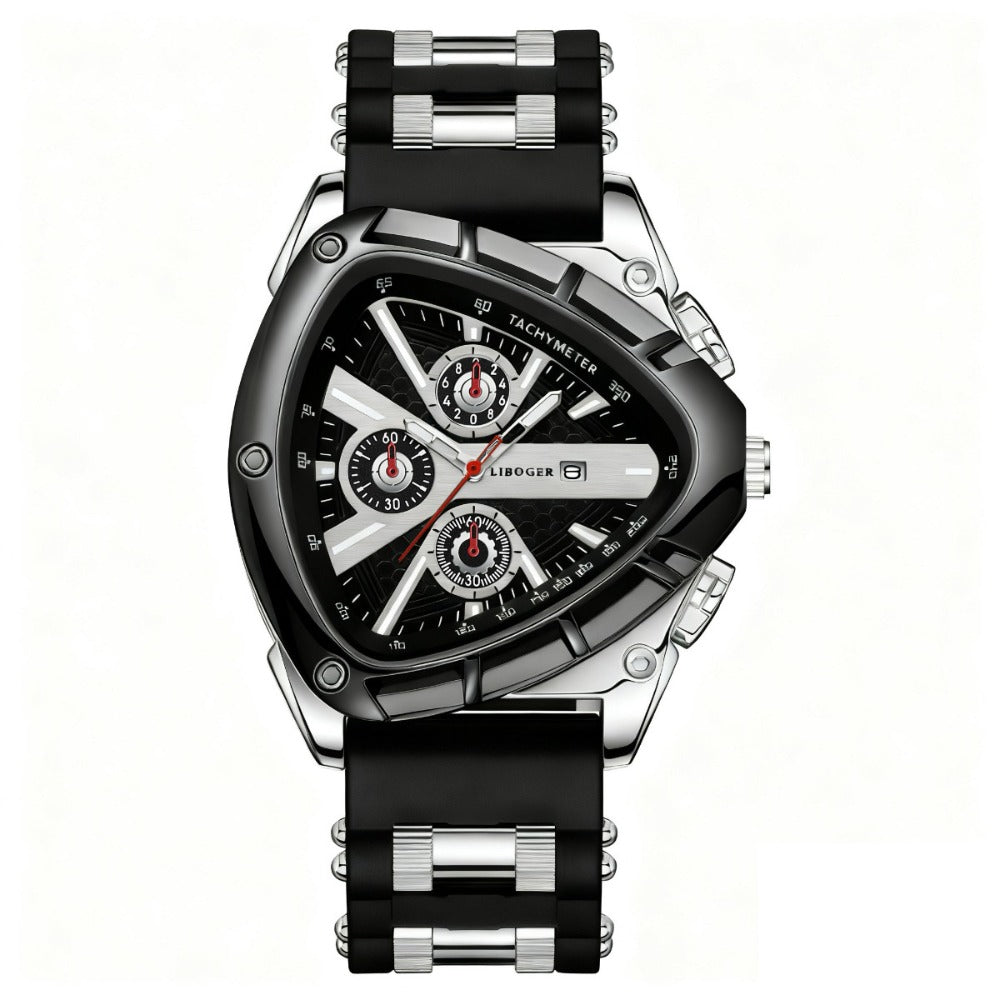 Men's Quartz Watch - 's Triangular Dial Unique Luxury Design, Silicone & Steel Band, Date - product detail view 7