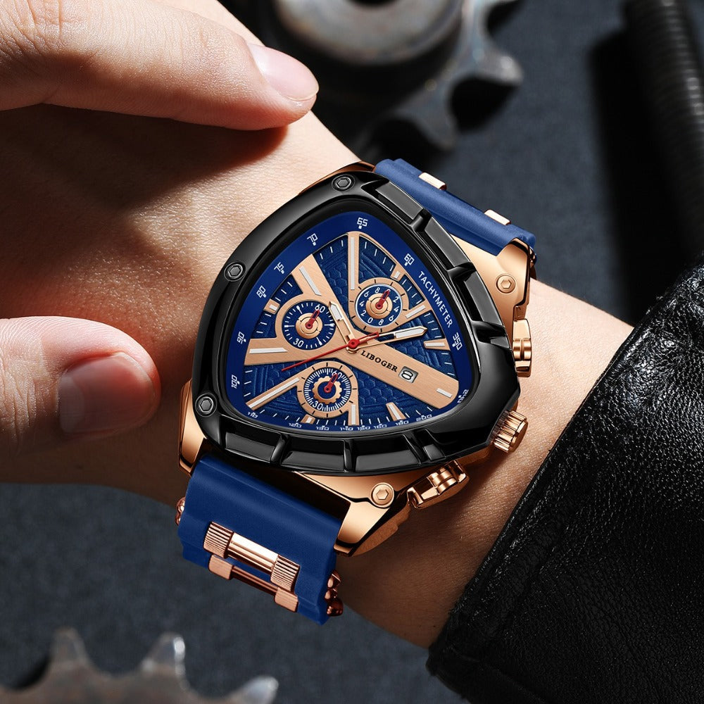 Men's Quartz Watch - 's Triangular Dial Unique Luxury Design, Silicone & Steel Band, Date - product detail view 8