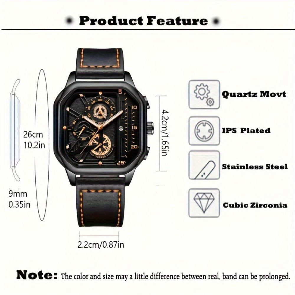 Men's Quartz Watch - 's Vintage Large Square Dial Date Calendar, Analog Wristwatch for Business - product detail view 11