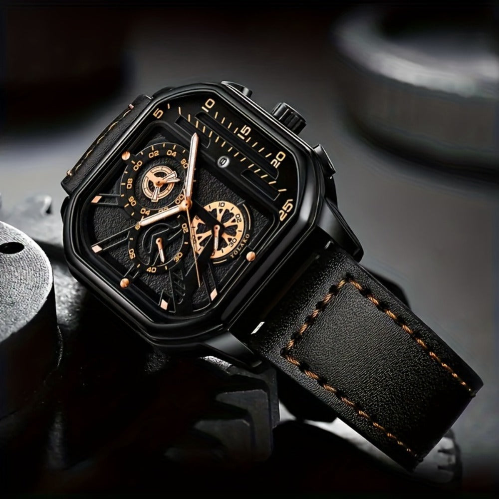 Men's Quartz Watch - 's Vintage Large Square Dial Date Calendar, Analog Wristwatch for Business - product detail view 12
