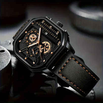 Men's Quartz Watch - 's Vintage Large Square Dial Date Calendar, Analog Wristwatch for Business - product detail view 12