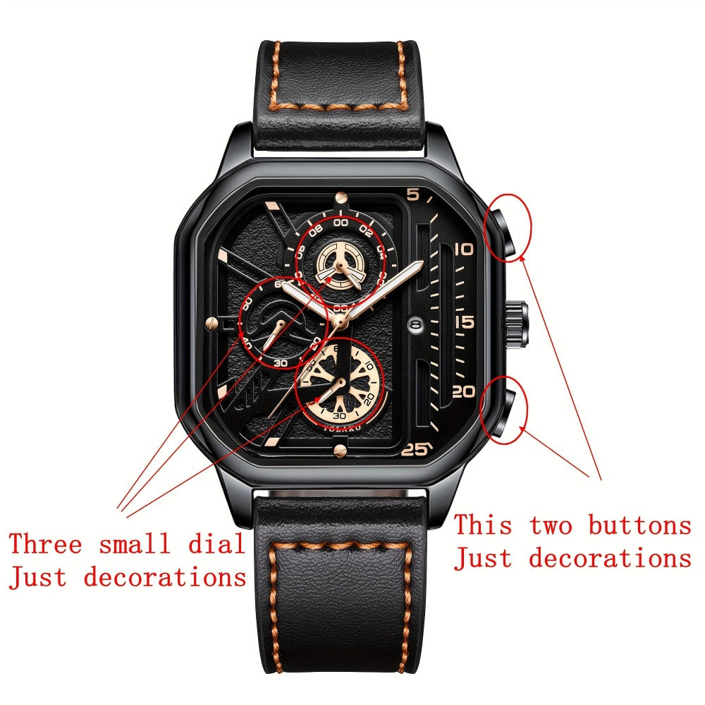 Men's Quartz Watch - 's Vintage Large Square Dial Date Calendar, Analog Wristwatch for Business - product detail view 14