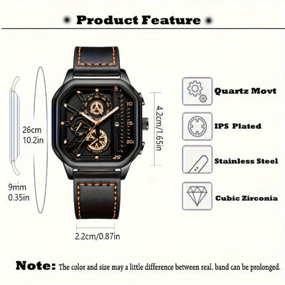 Men's Quartz Watch - 's Vintage Large Square Dial Date Calendar, Analog Wristwatch for Business - product detail view 19